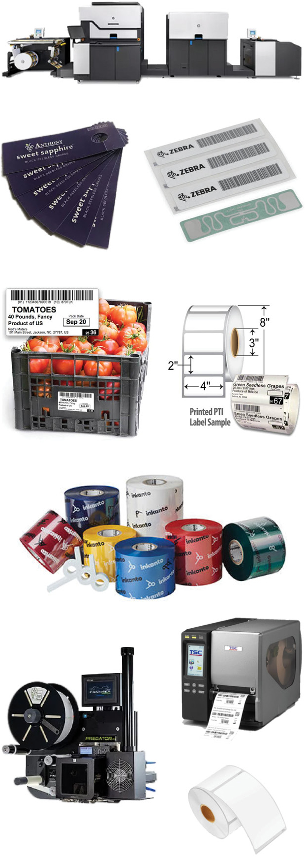 Labels and equipment, including printer equipment, tags, produce labels, labels on a roll, and label printer machines.