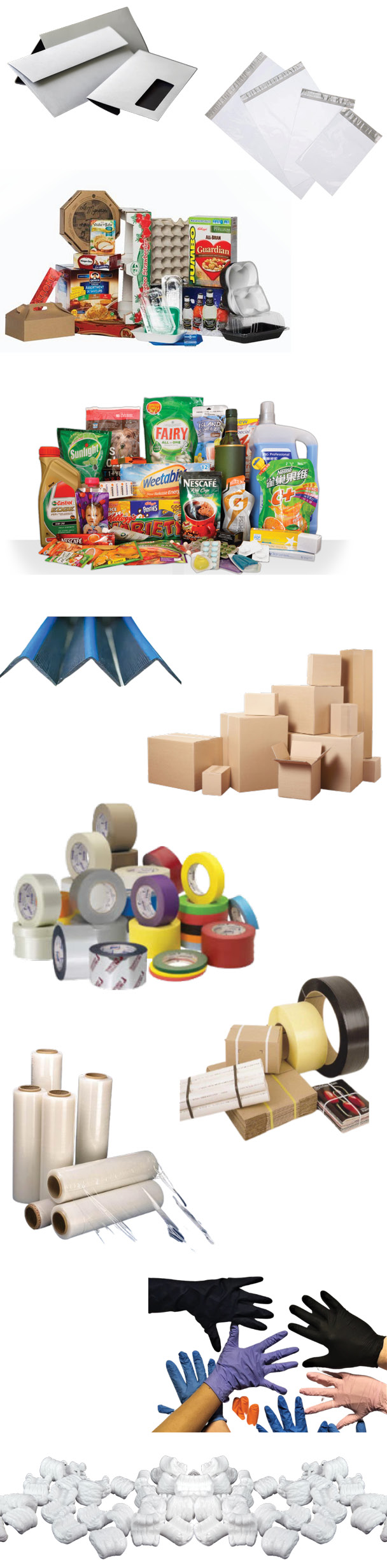 Packaging materials, including envelopes, boxes, aluminum, tape, gloves, and popcorn material.